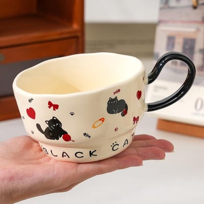 Schattig Schattig Kattenmeisje met Lepel en Drinkwaterbeker met Beker met Water voor Ontbijt 301-400ml