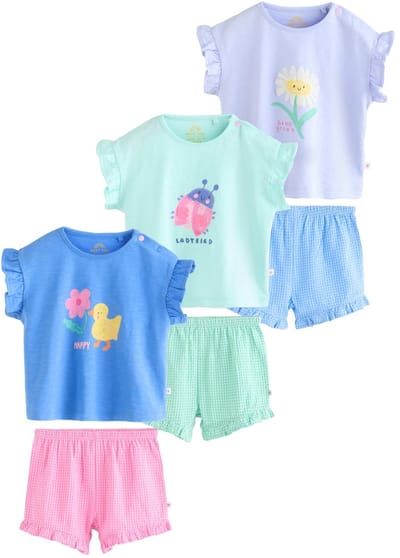 Next - Meisjes - wit gebloemd - Babyset met korte mouwen top en short 6 -delige set - Blauw