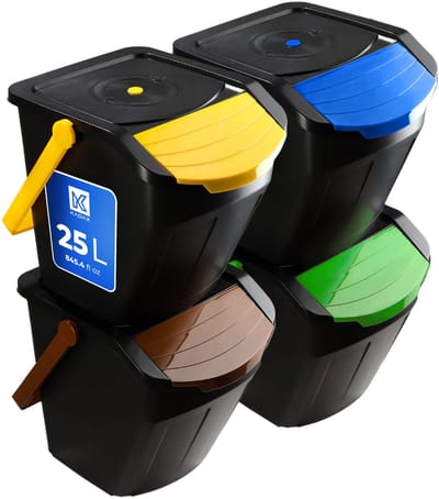 Recycling-emmer, 25 liter afvalemmer/prullenbak met deksel - afvalemmerset voor gemakkelijke afvalscheiding, afvalverzamelaar, afvalscheider voor biologisch afval, papier, glas - 4x25L KADAX