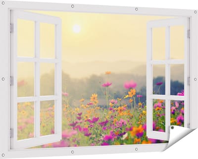 Gards Tuinposter Doorkijk Bloemenveld met Kosmos - Zonsondergang - 150x100 cm - Tuindoek - Tuindecoratie - Wanddecoratie buiten - Tuinschilderij
