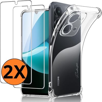Hoesje Geschikt voor Xiaomi Redmi 15C 4G / 5G transparant hoesje Anti Shock silicone hoesje met 2 Pack Screenprotector tempered glass