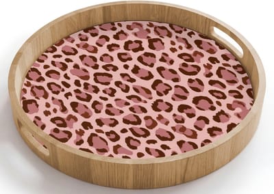 Dienblad rond 40x40 cm - Schootdienblad hout - Luipaard - Patroon - Roze - Borrelplank rechthoek - Plateau houten dienbladen