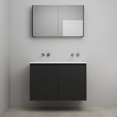 On-Line Badkamermeubelset - 100 cm - Bouwpakket - Greeploos 2 Deuren - Acryl Wastafel - zonder Kraangat - Spiegelkast - Mat Zwart