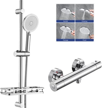 Auralum Max Doucheset - Thermostatische Douchekraan - Met 4 Standen Handdouche - 70 cm Glijstang - 1,5m Slang - Thermostaat - Veiligheidsfuncties - Waterbesparend - Chroom