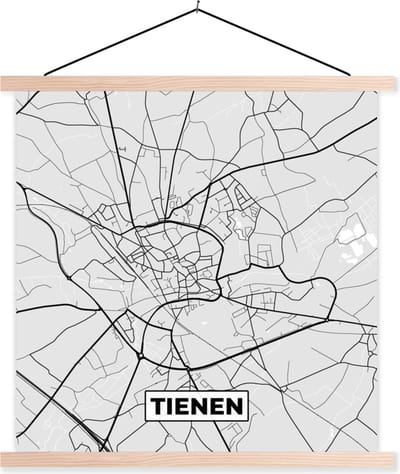 Posterhanger incl. Poster 40x40 cm - Schoolplaat - Stadskaart – Zwart Wit - Kaart – Tienen – België – Plattegrond - Textielposter - Blanke latten - Stadskaart