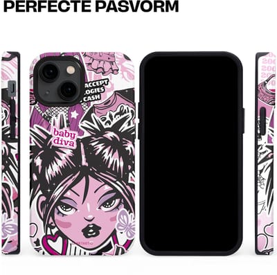 Casetastic hoesje geschikt voor Apple iPhone 13 mini - MagSafe - Dubbellaagse bescherming - Roze Y2K Pop Teen Girly Cash Diva Collage - Fashion Case - Grijs Donkergrijs Wit Lichtroze