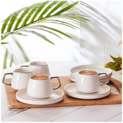 Karaca Streamline Saturn Platinum 12-delige Koffiekop en Schotel Set voor 6 Personen – 100 ml – Porselein – Wit met Platinum – Luxe Design