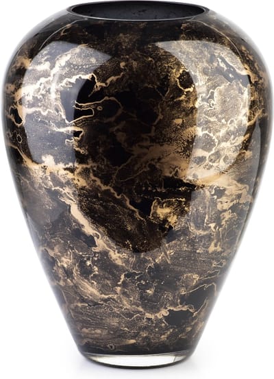 Terroso® - Handgemaakte Glazen Vaas - Bloemenvaas - Zwart met Goud - Marmer Look - Interieur Woondecoratie - 27 cm Hoog