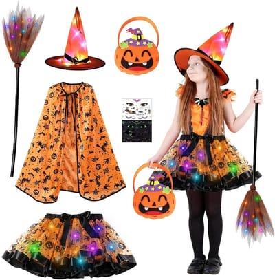 Kinderen Heks Kostuum voor Halloween - Heks Jurk voor Meisjes met Accessoires en Magische Details