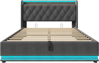 Gestoffeerd tweepersoonsbed, 360° LED-verlichting rondom, bediening via knop/app/afstandsbediening, 160*200 cm, grijze linnen bekleding, hydraulisch opbergbed, gestoffeerd hoofdeinde met USB Type-C oplaadfunctie (matras niet inbegrepen).