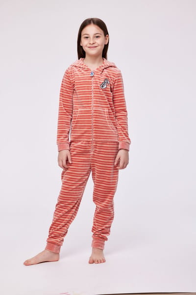 Woody onesie velours unisex - roze gestreept - haas - 232-10-ONE-V/925 - maat 152
