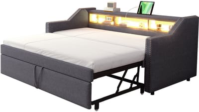 Gestoffeerd bed, uitschuifbare slaapbank 90/180 x 190 cm, multifunctioneel opbergvak, ledverlichting en USB-aansluiting, met lattenbodem, donkergrijs (inclusief twee pocketveringmatrassen)