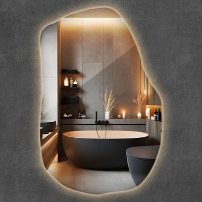 Wallfluent LED Spiegel - Organische Spiegel Met Verlichting - 70 cm x 45,5 cm - Spiegel Met Haken - Moderne Premium Wandspiegel - Warm Wit 3000K - Woonkamer gang - Badkamerspiegel - Muurspiegel slaapkamer - Onderhoudsvriendelijk - Montageset