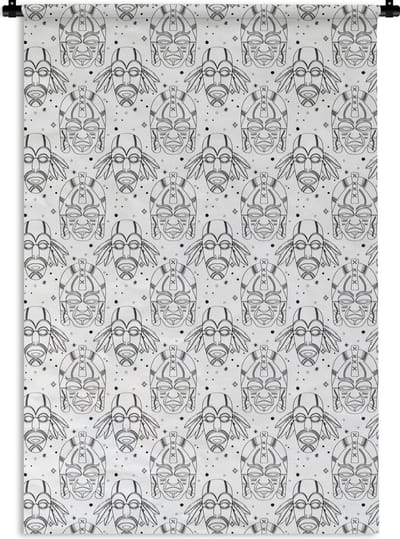 Wandkleed - Wanddoek - Inca - Maskers - Patroon - Zwart-wit - 120x180 cm - Wandtapijt
