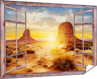 Gards Tuinposter Doorkijk Zonsondergang in Woestijn Monument Valley - 180x120 cm - Tuindoek - Tuindecoratie - Wanddecoratie buiten - Tuinschilderij
