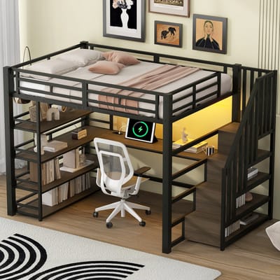 140x200cm hoogslaper met bureau - opbergvak - USB-oplaadstation en LED-verlichting - zwart - zonder matras