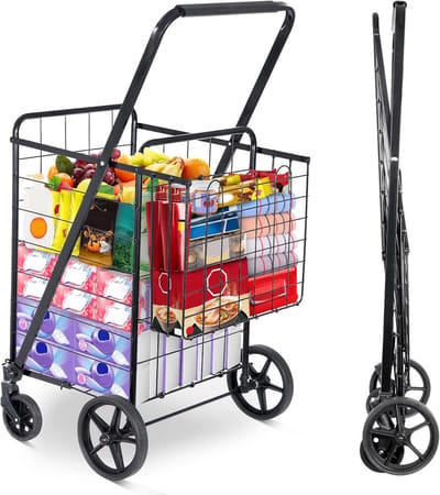 Grote Winkelwagen - Boodschappenkar Vouwbaar - Boodschappen Vervoeren - Dubbele Mand Ontwerp - 70L - Zwart