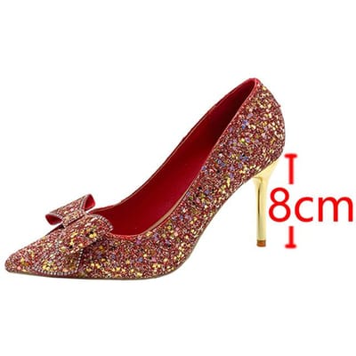Bling Shiny Glitter Pumps Vrouwen Slip-On Zoete Strik Hoge Hakken Schoenen Vrouw Glanzende Dunne Hakken Bruiloft Feest Schoenen 37
