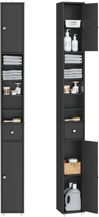 SoBuy Hoge Badkamerkast met Lade en Verstelbare Planken – Smalle Opbergkast – 20x20x180 cm, Zwart, BZR34-SCH – voor Badkamer, Woonkamer, Slaapkamer – Vrijstaand Slank Badkamermeubel
