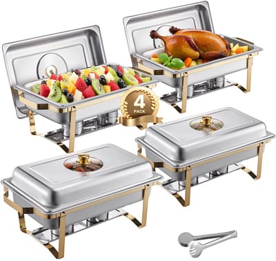 Wisamo Living Buffetset roestvrijstaal - warmhoudbakken - buffetwarmer - verwarmen/verkoelen - 4 stuks - transparante deksel - rechthoekig - 4L - met deksels en brandstofhouder - goud/zilver