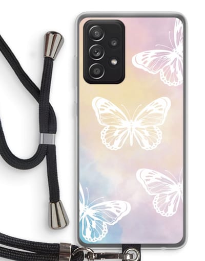 Case Company® - Hoesje met koord geschikt voor Samsung Galaxy A52s 5G hoesje met Koord - White butterfly - Telefoonhoesje met Zwart Koord - Bescherming aan alle Kanten en Over de Schermrand