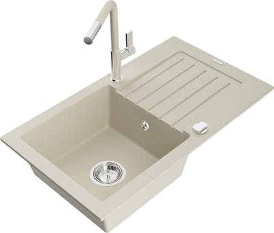 Mexen Pablo granieten spoelbak 1-kompartment met afdruiprek en keukenmengkraan Flora, beige - 6510-69-670401-09
