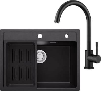Anycee Max Spoelbak Keuken 60x46CM - Granieten Spoelbakken Met Keukenkraan - Spoelbakken Keuken Met Afdruiprek – Wasbak Keuken Zwart