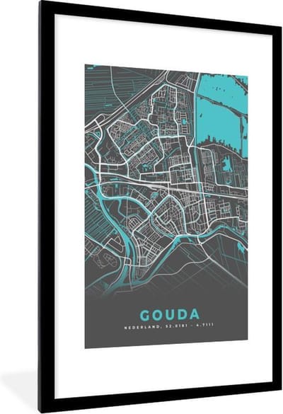 Fotolijst incl. Poster - Stadskaart - Gouda - Grijs - Blauw - 80x120 cm - Posterlijst - Plattegrond