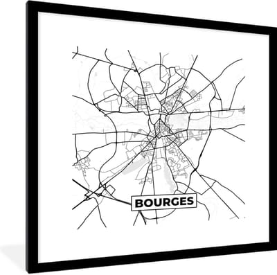 Fotolijst incl. Poster Zwart Wit- Bourges - Frankrijk - Stadskaart - Plattegrond - Kaart - Zwart wit - 40x40 cm - Posterlijst