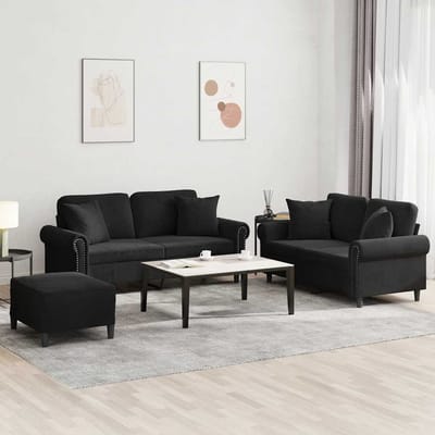 vidaXL - 3-delige - Loungeset - met - kussens - fluweel - zwart