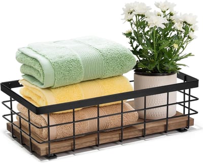Kleine metalen mand met decoratieve houten basis, ideaal voor badkamer, keuken en opslag van toiletpapier, suiker, koffie en handdoeken (1 stuk, houtkleur)
