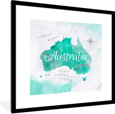 Poster in lijst - Fotolijst 40x40 cm - Posters - Wereldkaart - Australië - Turquoise - Posterlijst zwart - Decoratie - Wanddecoratie woonkamer - Muurdecoratie slaapkamer