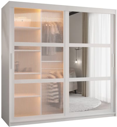Zweefdeurkast Kledingkast met 2 schuifdeuren glanzen slaapkamerkast Kledingstang met planken Garderobekast met geribbeld glas - ARTON 2 (180 cm, Wit)