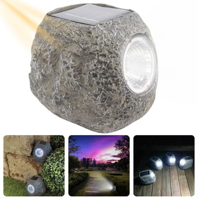 Cheqo® Solarlamp Steen - Grondspots - Decoratieve Tuinverlichting - Zonne-energie - Grijs Polyresin - Inclusief EBOOK