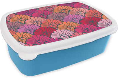 Broodtrommel Blauw - Lunchbox Patronen - Art Deco - Roze - Bloemen - Brooddoos 18x12x6 cm - Brood lunch box - Broodtrommels voor kinderen en volwassenen