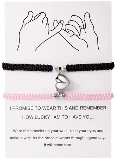 2-delige Magnetische Koppelarmband Set – Gevlochten Geluk Armbanden met Hart | Voor Koppels, Vrienden & Liefde (Dames & Heren)- Zwart en Roze