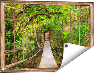 Gards Tuinposter Doorkijk Hangbrug - 60x40 cm - Tuindoek - Tuindecoratie - Wanddecoratie buiten - Tuinschilderij