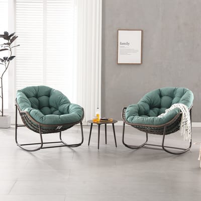 REDOM - Eivormige Schommelstoel - Extra Brede Zitting - Met Dik Kussen - Modern - Voor Tuin - Staal En Kunststof Vlechtwerk - Groen - 78 X 106 X 90 Cm