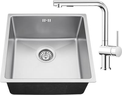 Auralum max 44x44CM Spoelbakken Keuken - Spoelbak Keuken Met L-uitloop Keukenkraan - Wasbak Keuken Met Waterafvoersysteem - Past op 45 cm kasten - RVS