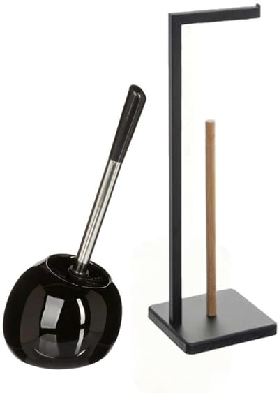 5Five WC borstel / toiletborstel - met toiletrolhouder - badkamer set - zwart - dolomiet en metaal