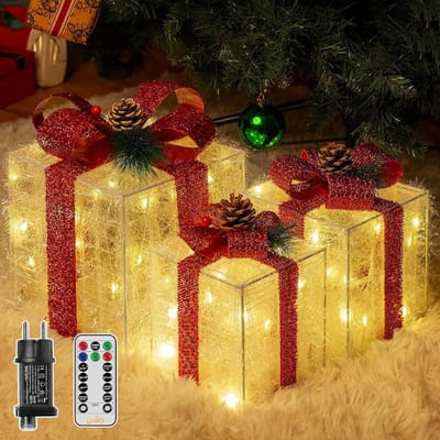Set van 3 LED Kerstdecoratie Geschenken met Rode Strik, Warm Wit, 8 Verlichtingsmodi en Dimbaar, Perfect voor Binnen en Adventsdecoratie