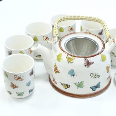 Kruidenthee Servies  - Vlinders - Theepot Met Metalen Zeef + 6 kopjes