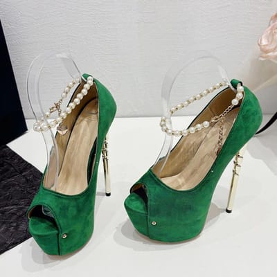 Liyke Sexy Peep Toe Bruiloft Banket Groen Hoge Hakken Strip Paaldansschoenen Mode String Kraal Enkelbandje Platform Pumps Vrouwen 41