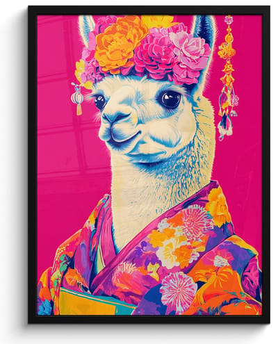 Poster in lijst - Fotolijst 50x70 cm - Posters - Lama - Kimono - Bloemenkrans - Felroze - Posterlijst zwart - Decoratie - Wanddecoratie woonkamer - Muurdecoratie slaapkamer