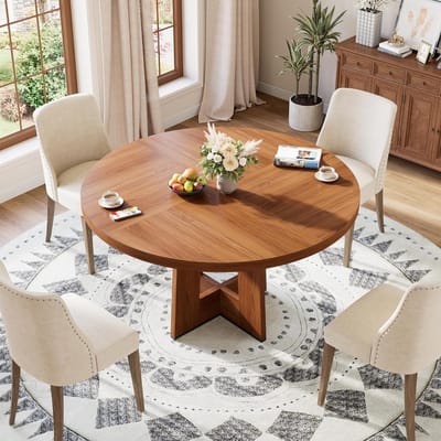 Ronde eettafel van 47 inch – Keukentafel voor 4-6 personen – Ronde tafels met stevig voetstuk – Ruimtebesparend eetkamermeubilair voor de woonkamer en keuken – 120 × 120 × 75 cm – Rood walnoot