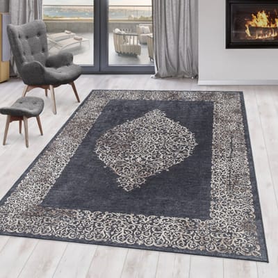 Fiesta Wasbaar Vloerkleed - Laagpolig - Barok Design - Zwart Grijs - Woonkamer Tapijt - Canvas Rug- 80x250 CM