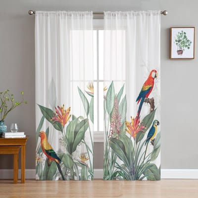Tuinstijl Tropische Planten Tropische Bloemen Transparante Gordijnen Slaapkamer Woonkamer Voile Raamgordijnen Tule Gordijnen Kinderkamer 135W x 114H(cm) white