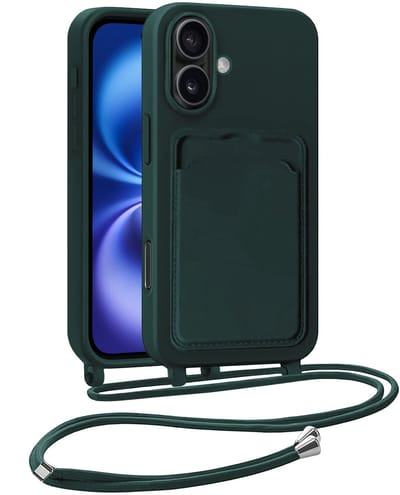 Hoesje Geschikt voor iPhone 16 Plus Hoesje Met Telefoonkoord en Pasjeshouder Siliconen - Hoes Geschikt voor iPhone 16 Plus Hoesje Met Kaarthouder Case - Donkergroen