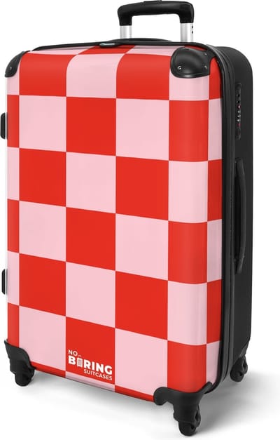 NoBoringSuitcases.com® - Vakantie koffer groot - Rolkoffer lichtgewicht - Reiskoffer op 4 wielen met rood roze vakjes - Grote valies trolley XL - 20 kg bagage