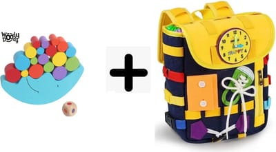 WoodyDoody Motoriek Luiertas Rugzak en Balanceer Toren met Dobbelsteen Maan Combinatie SET - Inclusief Poptubes